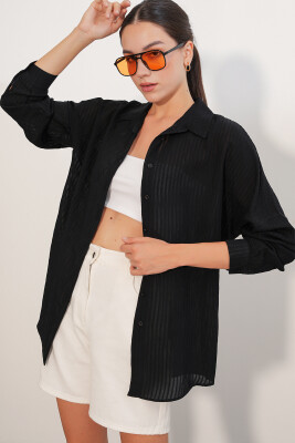 Kadın Çizgili Oversize Gömlek 20409 - Siyah - 4