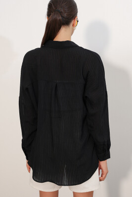 Kadın Çizgili Oversize Gömlek 20409 - Siyah - 6