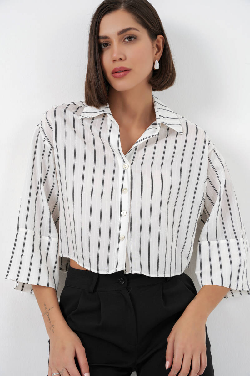 Kadın Çizgili Oversize Kısa Gömlek 20326 - B.Beyaz - BİGDART