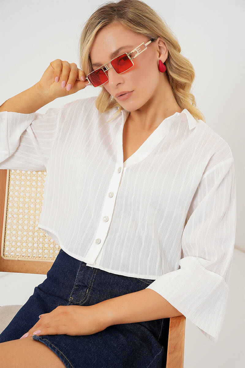 Kadın Çizgili Oversize Kısa Gömlek 20326 - Beyaz - BİGDART