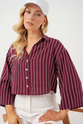 Kadın Çizgili Oversize Kısa Gömlek 20326 - Bordo 