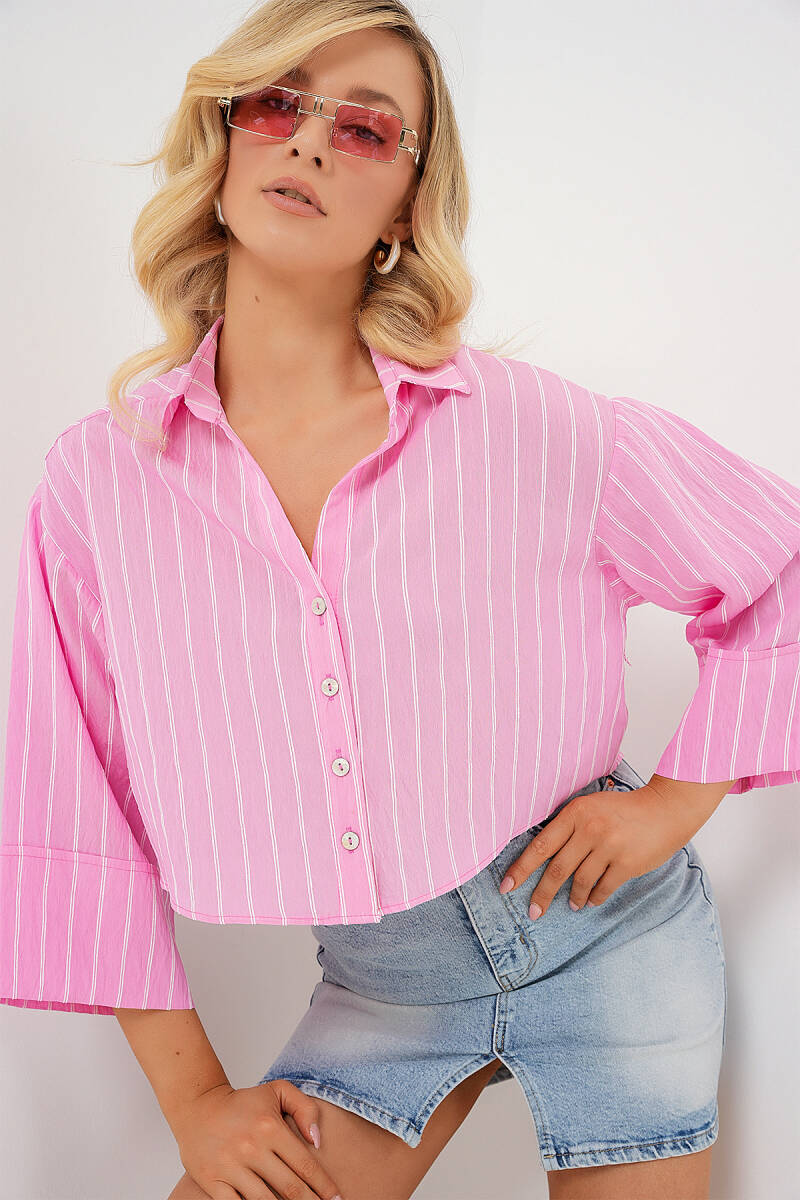 Kadın Çizgili Oversize Kısa Gömlek 20326 - Pembe - BİGDART
