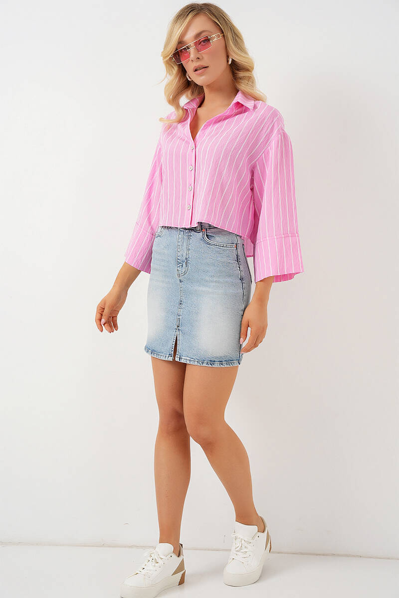 Kadın Çizgili Oversize Kısa Gömlek 20326 - Pembe (1)