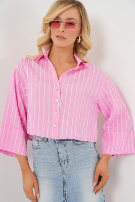 Kadın Çizgili Oversize Kısa Gömlek 20326 - Pembe - 4