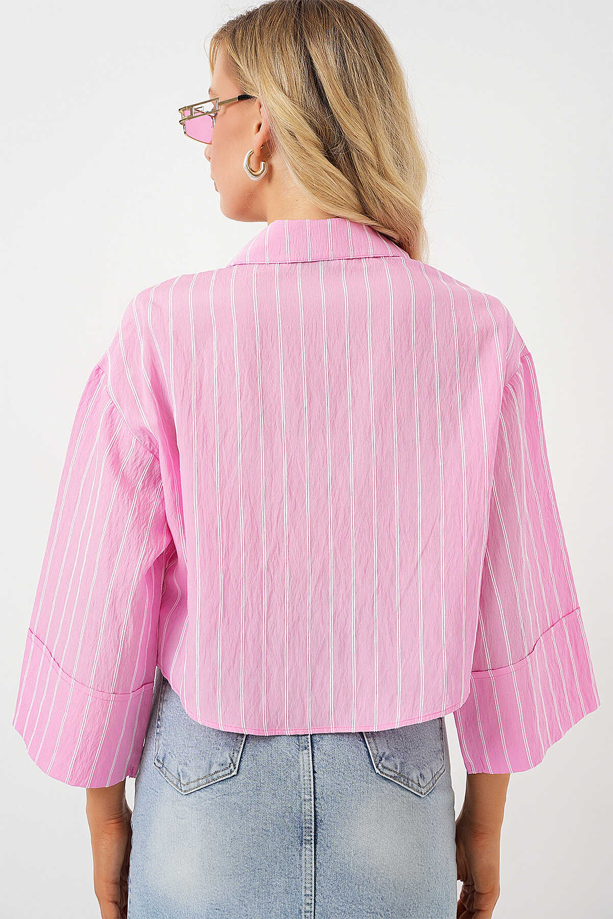Kadın Çizgili Oversize Kısa Gömlek 20326 - Pembe - 6