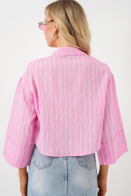 Kadın Çizgili Oversize Kısa Gömlek 20326 - Pembe - 6