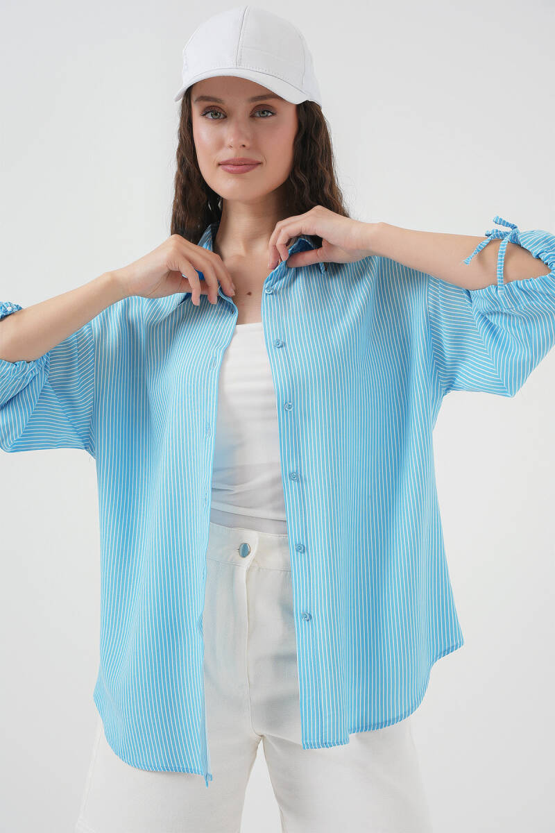 Kadın Çizgili Oversize Kısa Kol Gömlek 20296 - Mavi - BİGDART