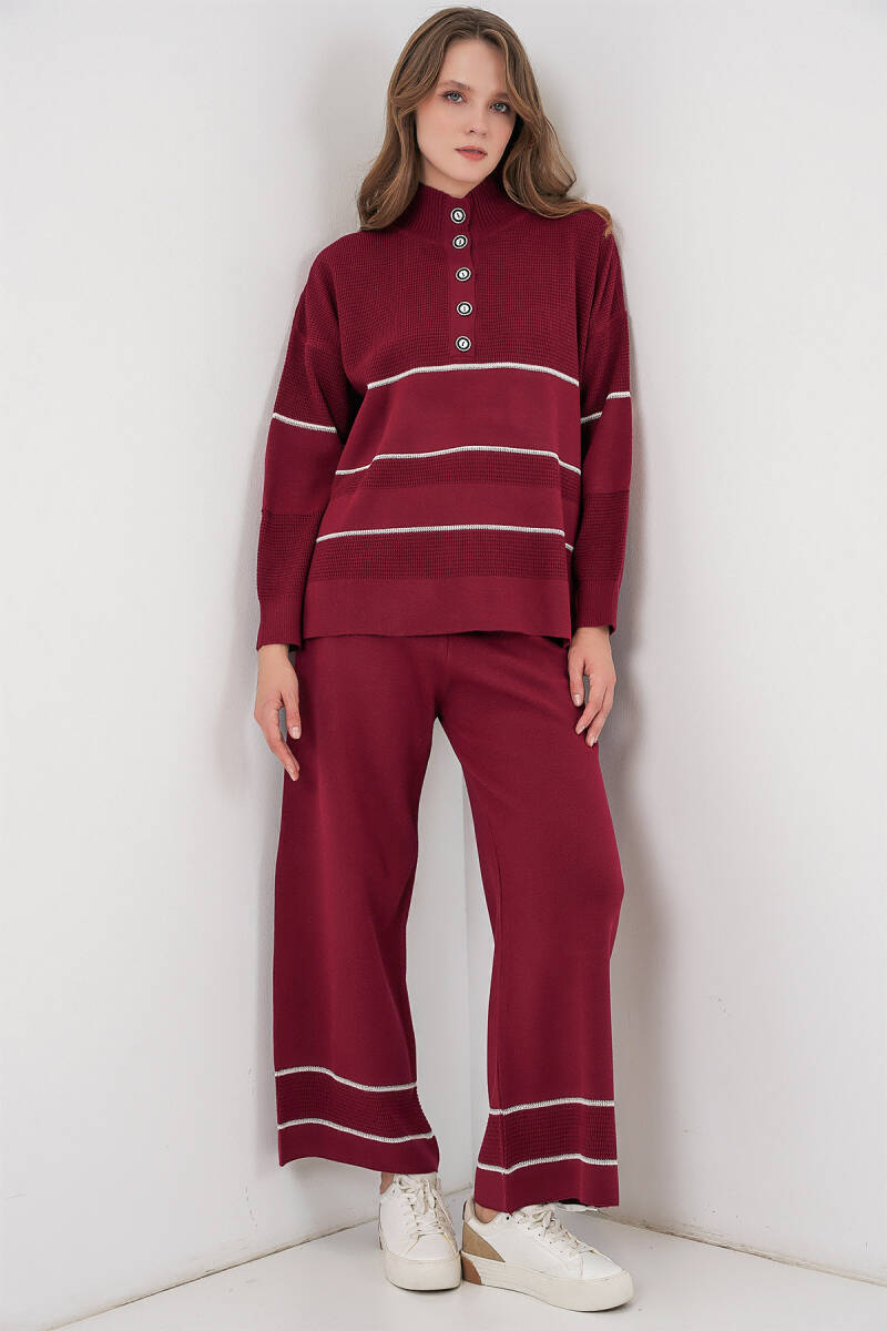 Kadın Çizgili Oversize Triko İkili Takım 15957 - Bordo - BİGDART