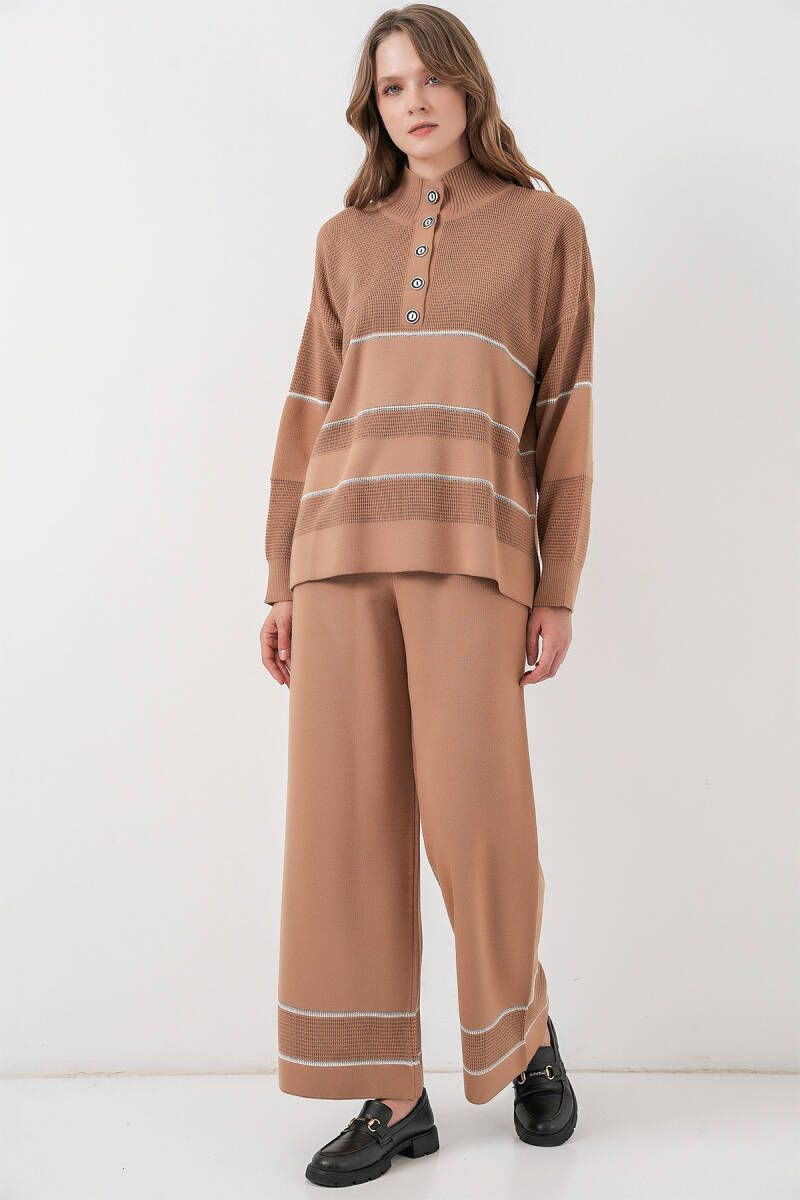 Kadın Çizgili Oversize Triko İkili Takım 15957 - Camel - BİGDART