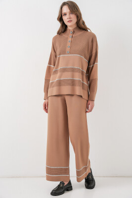 Kadın Çizgili Oversize Triko İkili Takım 15957 - Camel - BİGDART