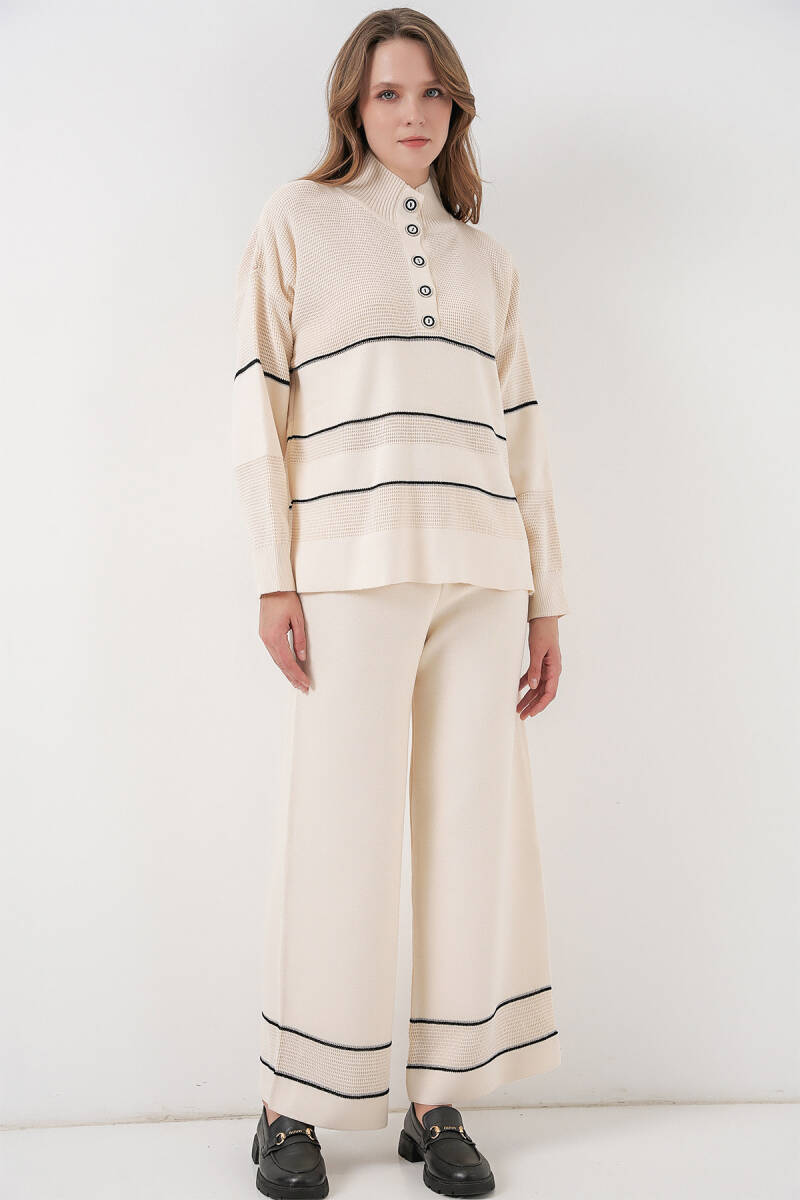 Kadın Çizgili Oversize Triko İkili Takım 15957 - Ekru - BİGDART