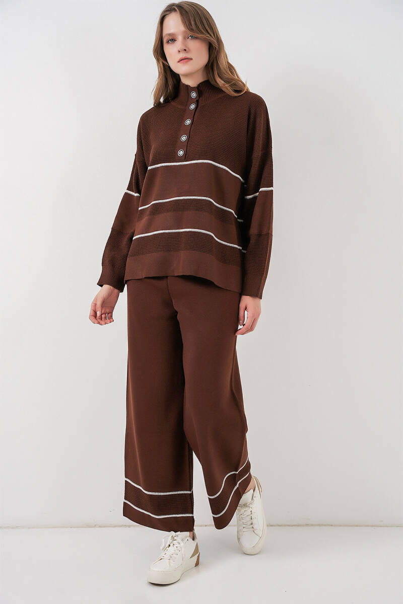 Kadın Çizgili Oversize Triko İkili Takım 15957 - Kahverengi - BİGDART