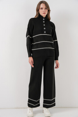 Kadın Çizgili Oversize Triko İkili Takım 15957 - Siyah - BİGDART