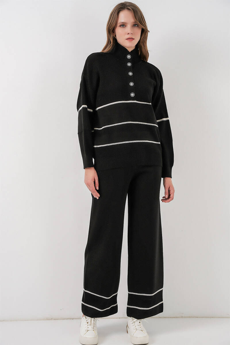 Kadın Çizgili Oversize Triko İkili Takım 15957 - Siyah - BİGDART
