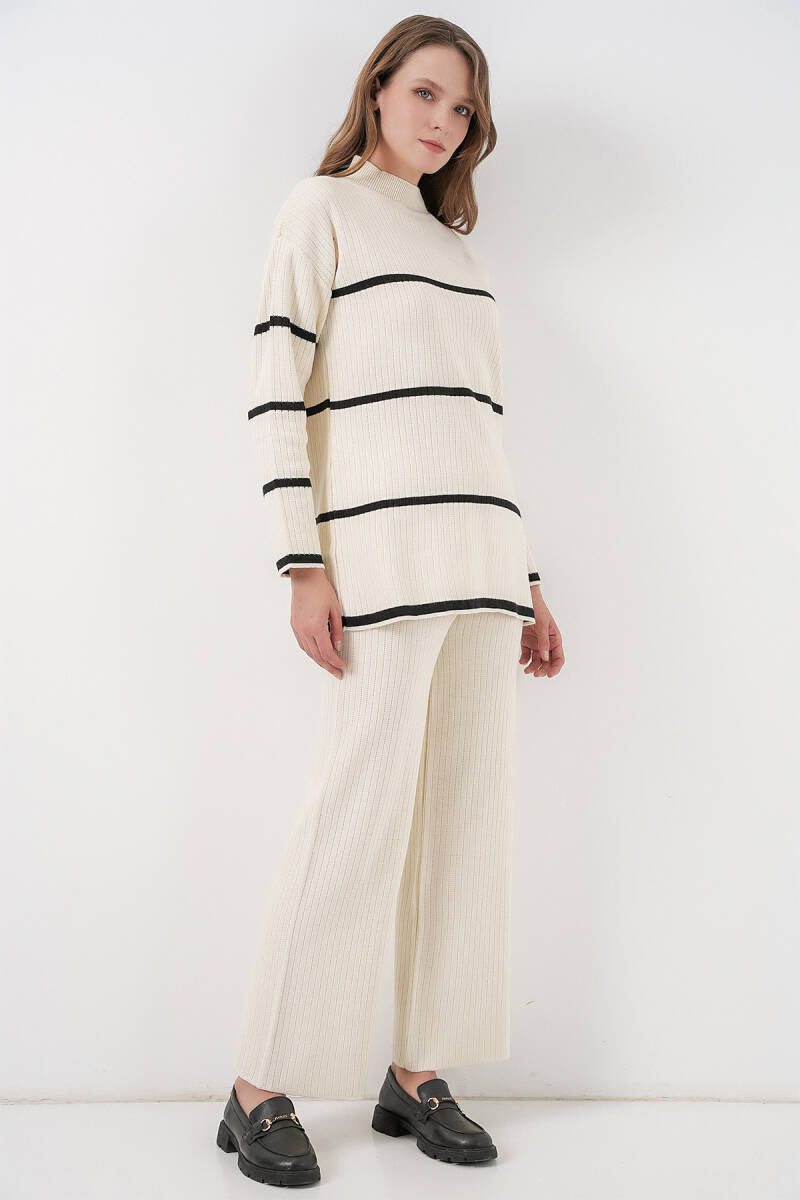 Kadın Çizgili Oversize Triko İkili Takım 15959 - Ekru - BİGDART