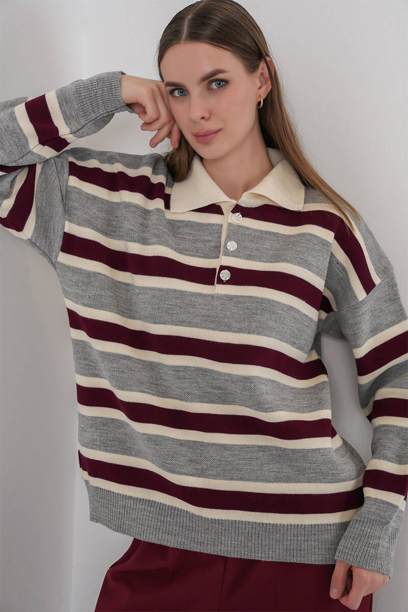 Kadın Çizgili Polo Yaka Triko Kazak 15952 - Gri - BİGDART