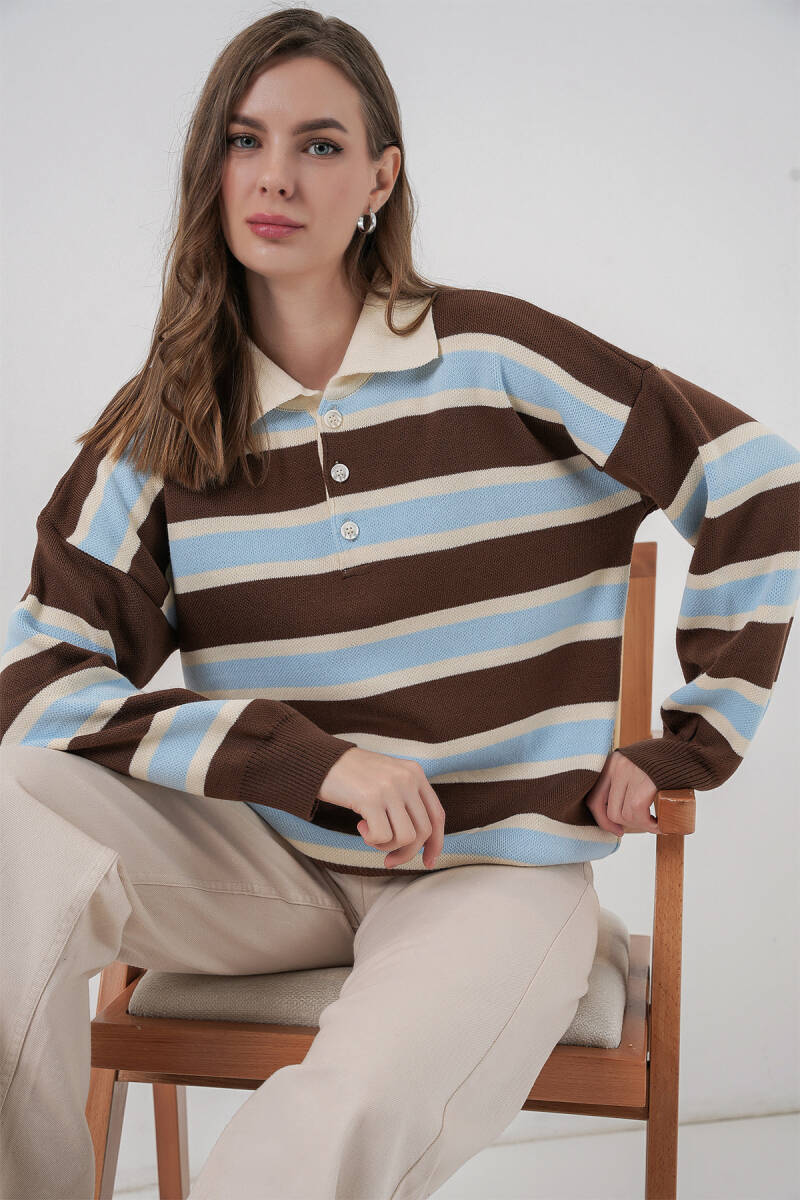 Kadın Çizgili Polo Yaka Triko Kazak 15952 - Mavi - BİGDART