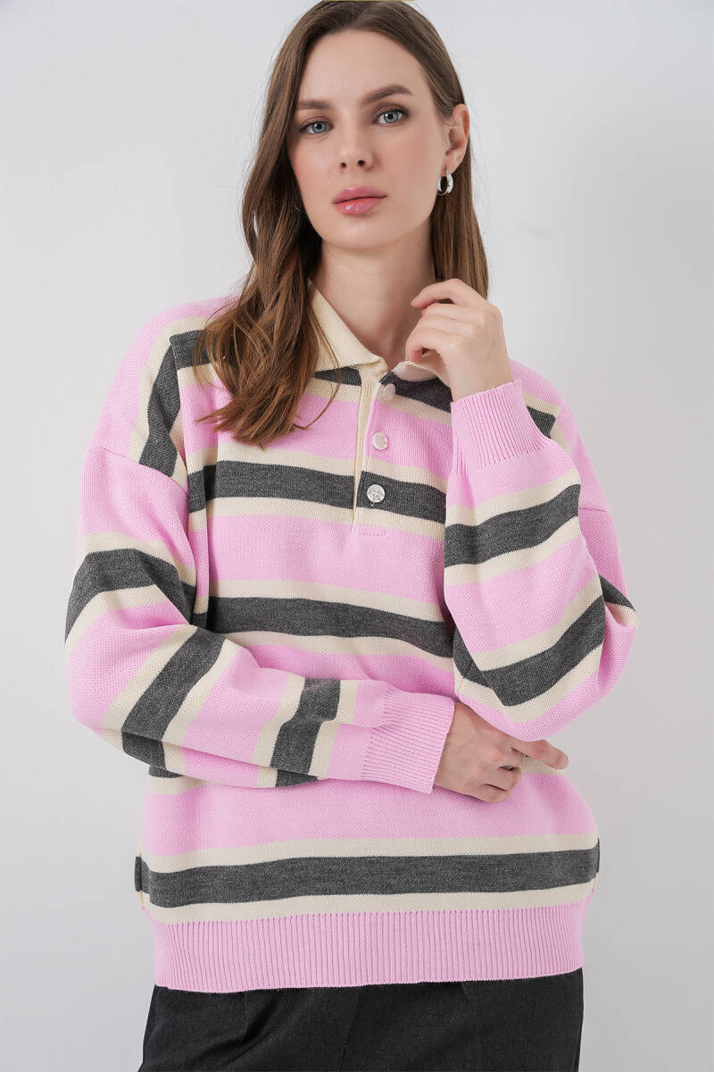 Kadın Çizgili Polo Yaka Triko Kazak 15952 - Pembe - BİGDART