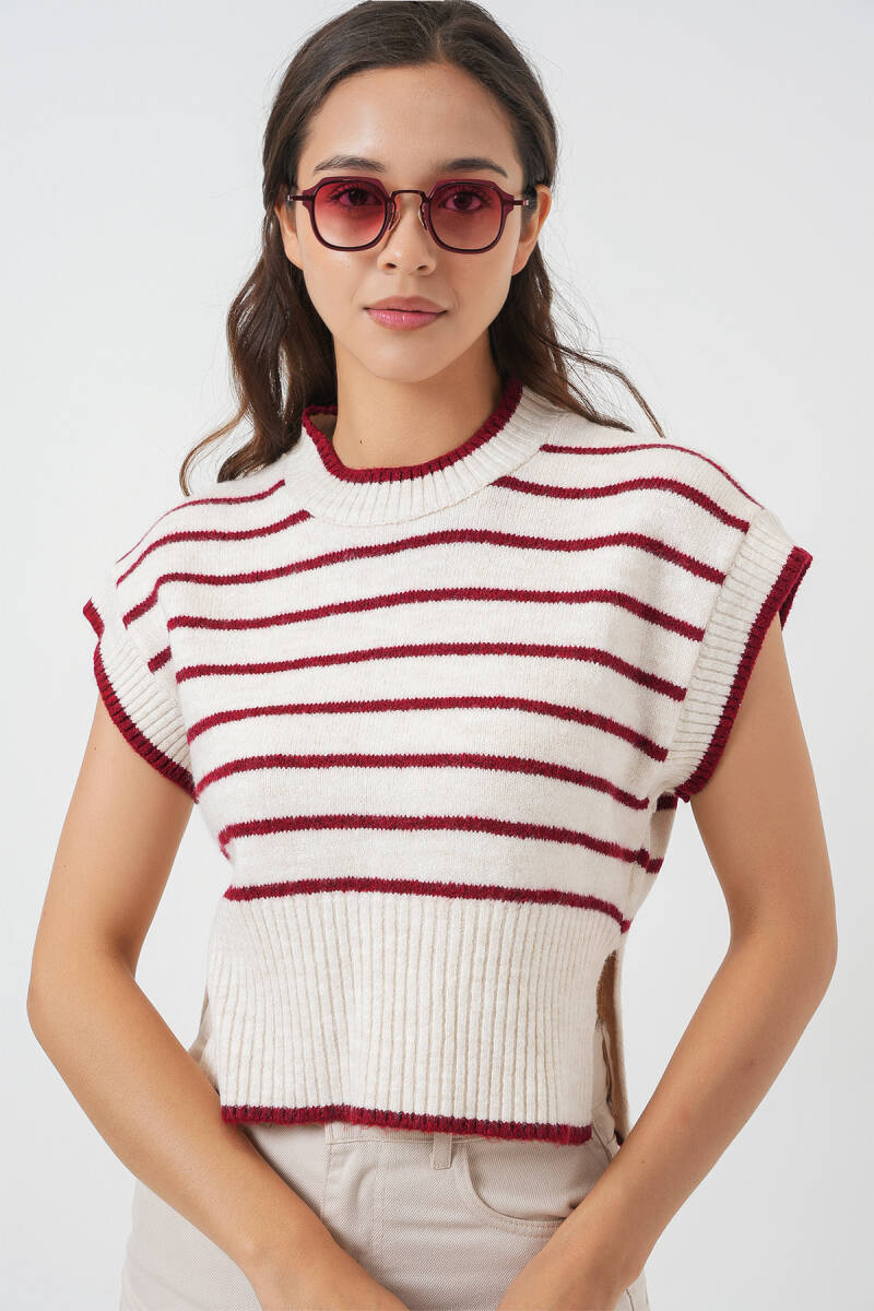 Kadın Çizgili Triko Süveter 15926 - Bordo - BİGDART