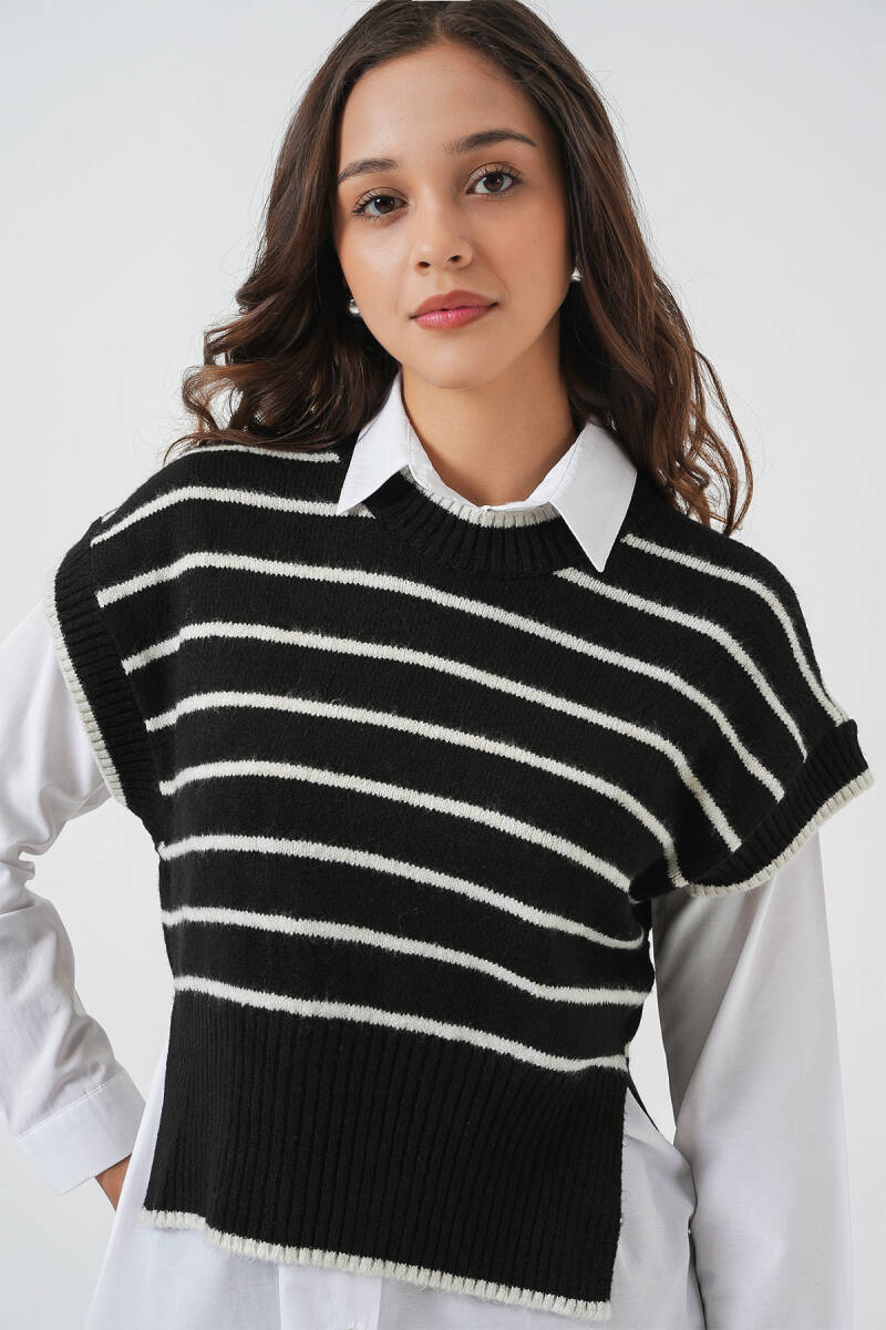 Kadın Çizgili Triko Süveter 15926 - Siyah - BİGDART