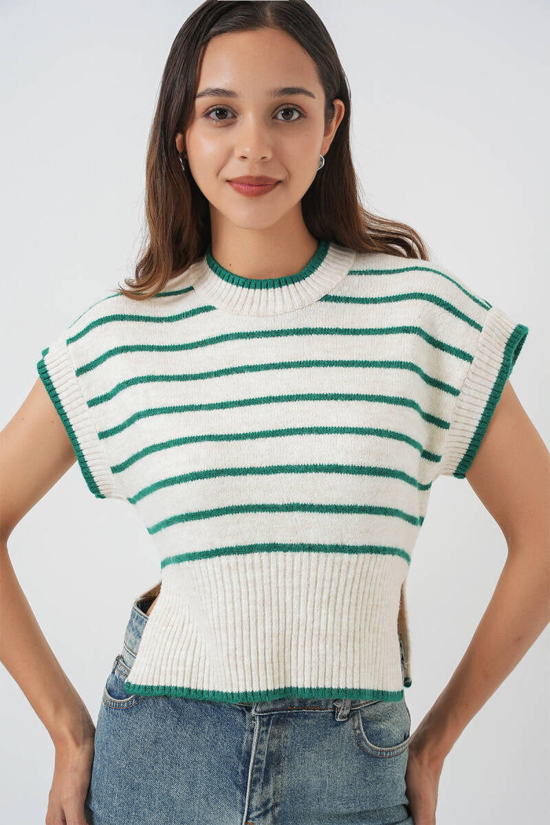 Kadın Çizgili Triko Süveter 15926 - Zümrüt Yeşili - BİGDART