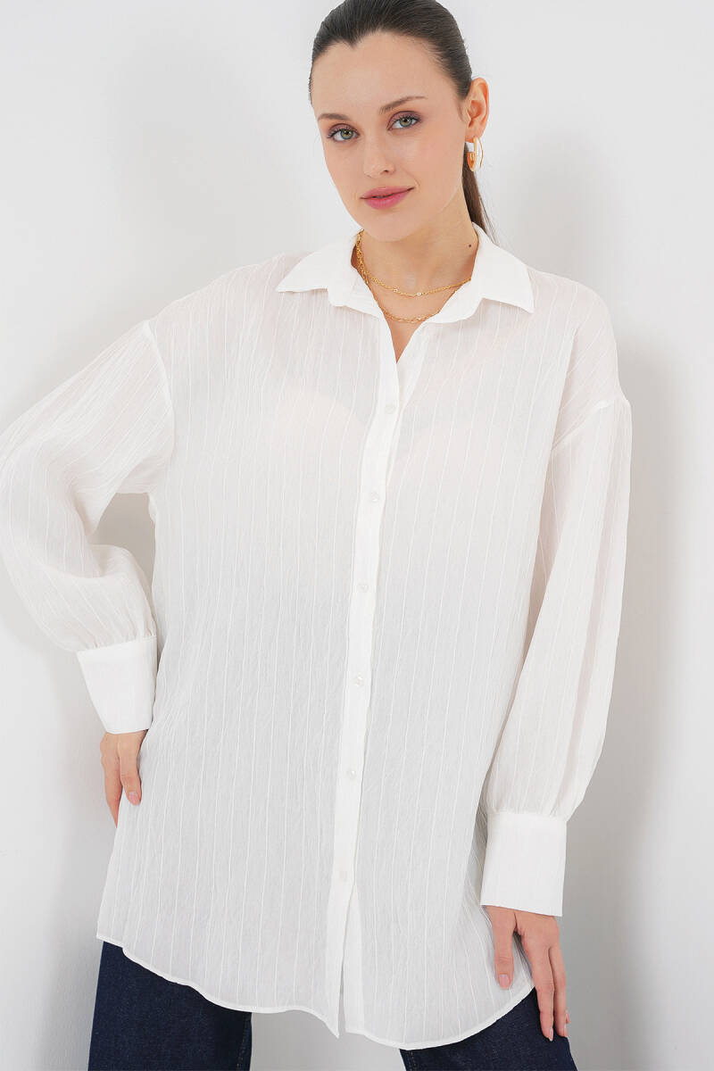 Kadın Çizgili Uzun Gömlek Tunik 5963 - Beyaz - BİGDART