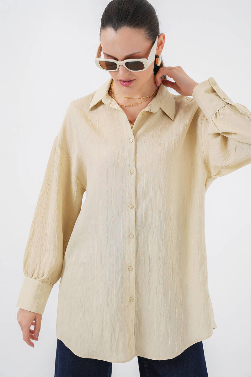 Kadın Çizgili Uzun Gömlek Tunik 5963 - Krem - BİGDART