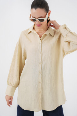 Kadın Çizgili Uzun Gömlek Tunik 5963 - Krem 