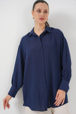 Kadın Çizgili Uzun Gömlek Tunik 5963 - Lacivert 