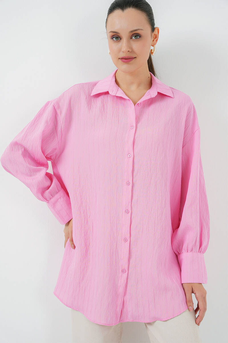 Kadın Çizgili Uzun Gömlek Tunik 5963 - Pembe - BİGDART