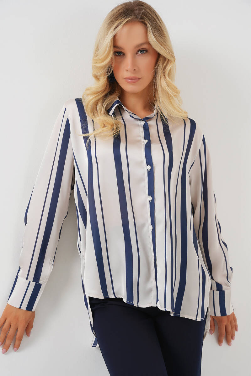 Kadın Çizgili Uzun Saten Gömlek 20291 - Lacivert - BİGDART