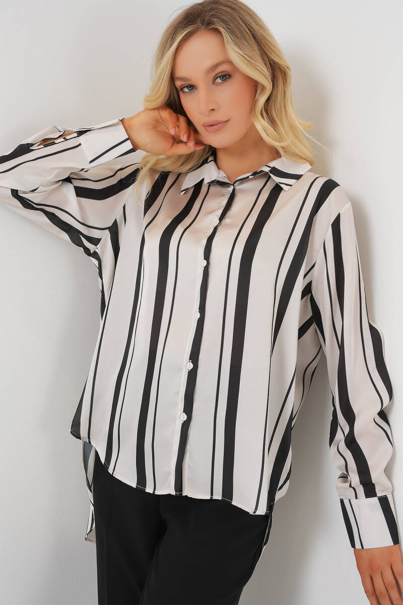 Kadın Çizgili Uzun Saten Gömlek 20291 - Siyah - BİGDART