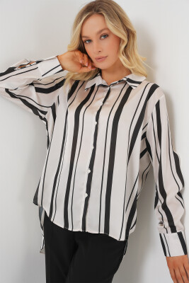 Kadın Çizgili Uzun Saten Gömlek 20291 - Siyah - BİGDART