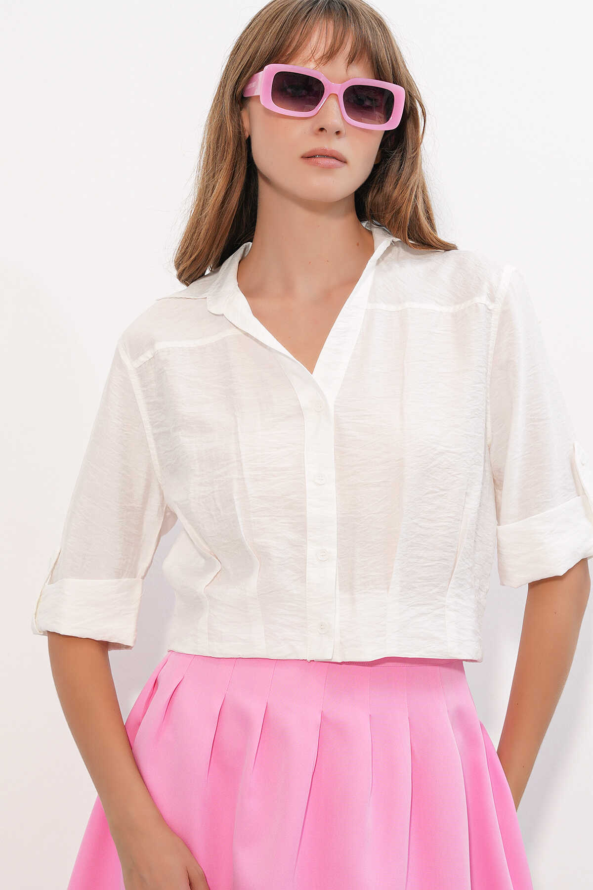 Kadın Crop Oversize Gömlek 20390 - Beyaz - 1