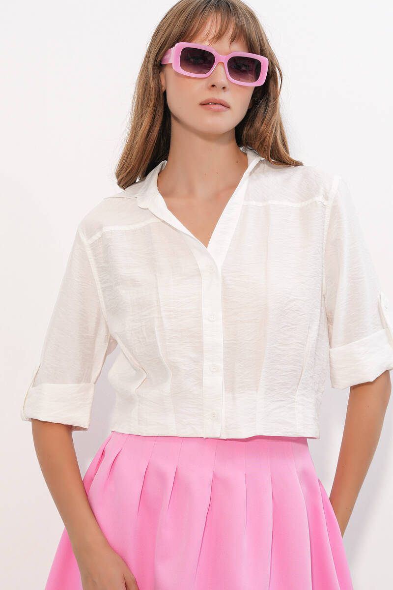 Kadın Crop Oversize Gömlek 20390 - Beyaz - BİGDART