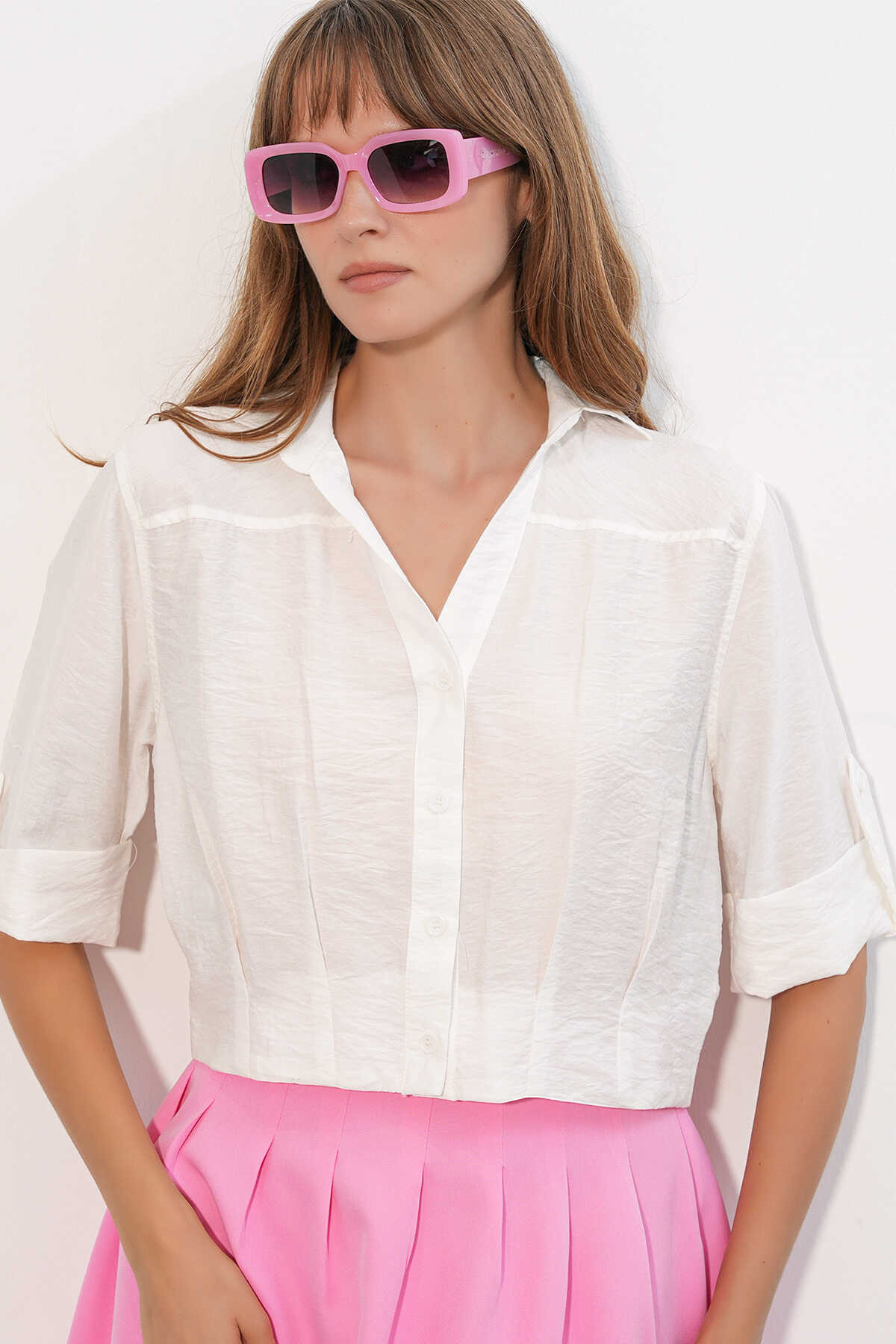 Kadın Crop Oversize Gömlek 20390 - Beyaz - 4