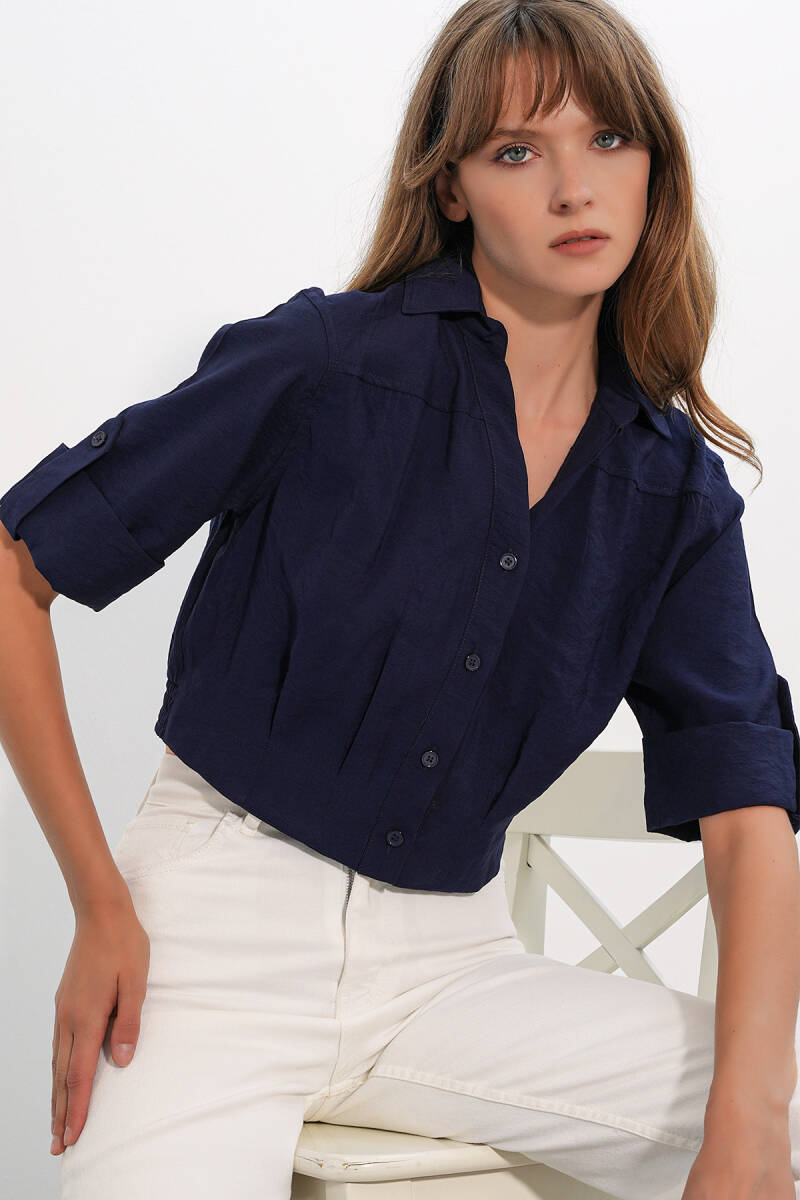 Kadın Crop Oversize Gömlek 20390 - Lacivert - BİGDART
