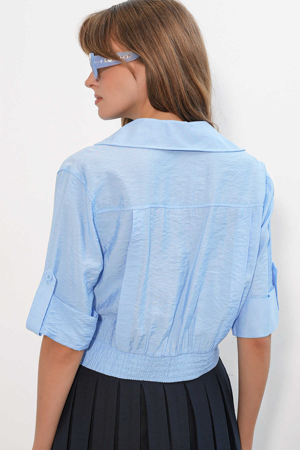 Kadın Crop Oversize Gömlek 20390 - Mavi - 6