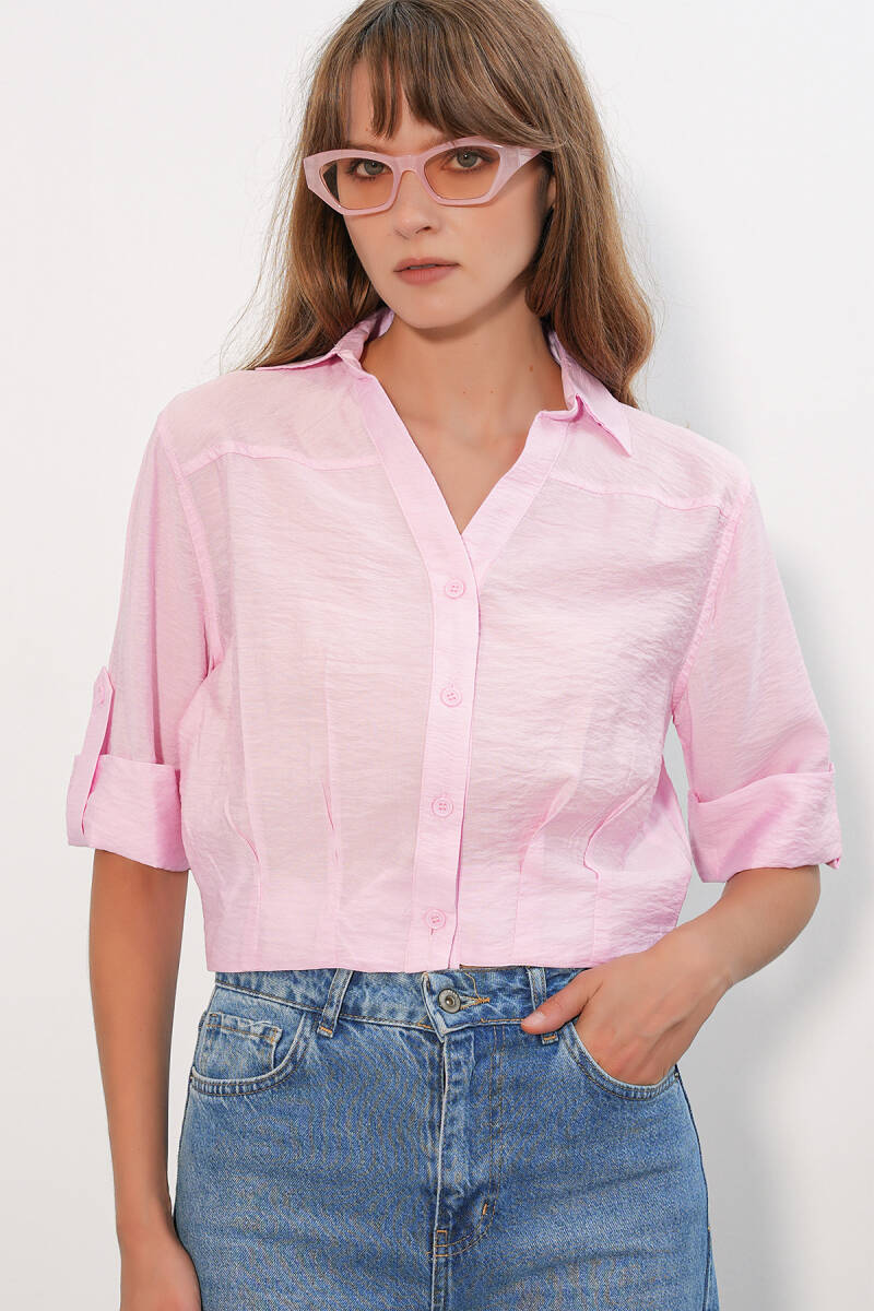Kadın Crop Oversize Gömlek 20390 - Pembe - BİGDART