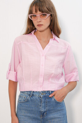 Kadın Crop Oversize Gömlek 20390 - Pembe - 1