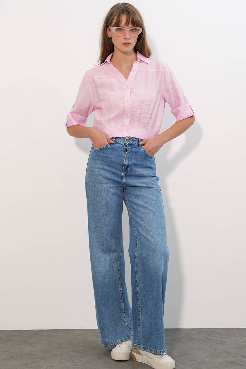 Kadın Crop Oversize Gömlek 20390 - Pembe (1)