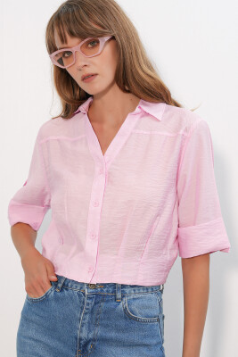 Kadın Crop Oversize Gömlek 20390 - Pembe - 3