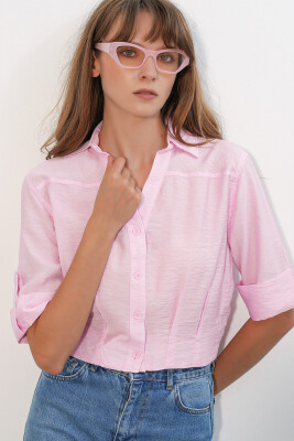 Kadın Crop Oversize Gömlek 20390 - Pembe - 4