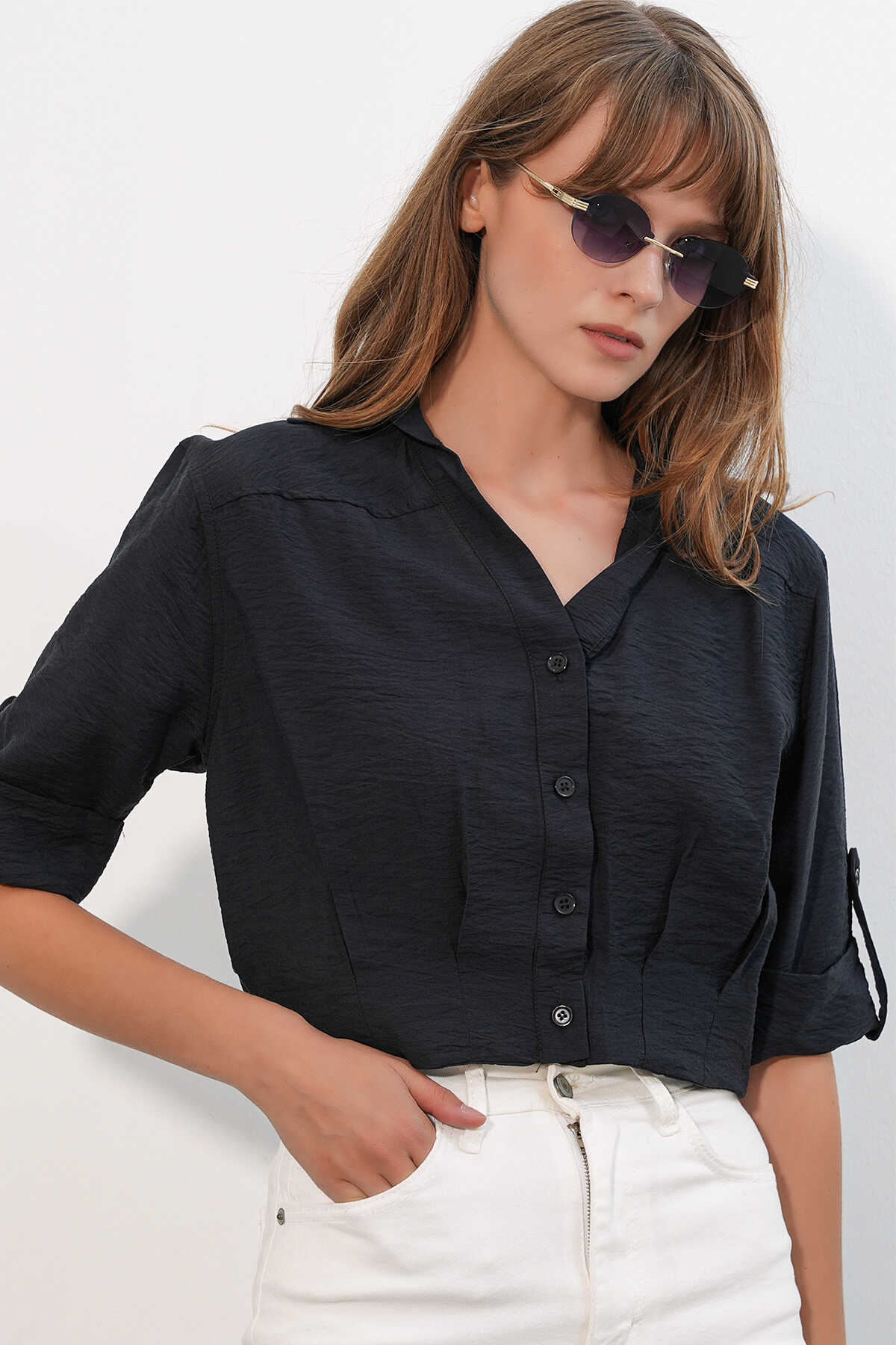 Kadın Crop Oversize Gömlek 20390 - Siyah - 1