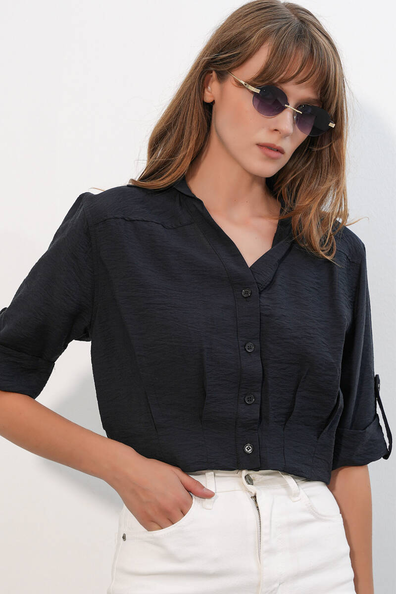 Kadın Crop Oversize Gömlek 20390 - Siyah - BİGDART