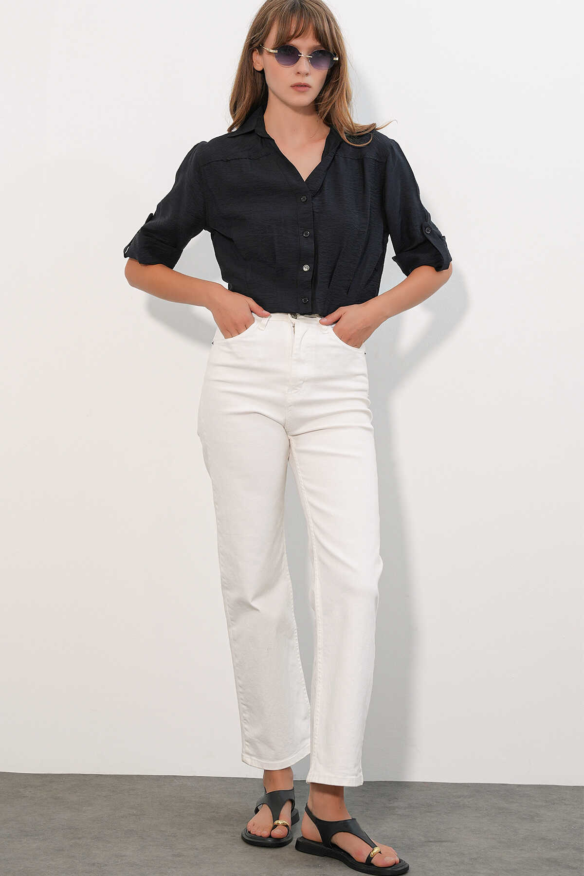 Kadın Crop Oversize Gömlek 20390 - Siyah - 2