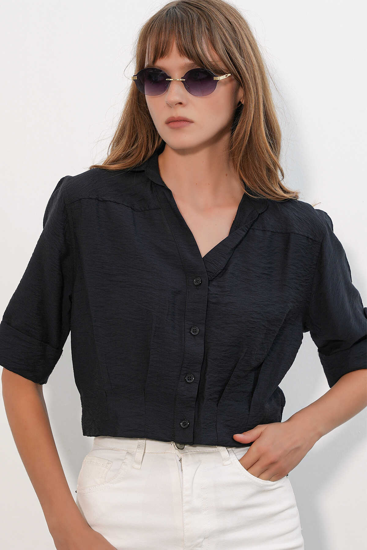 Kadın Crop Oversize Gömlek 20390 - Siyah - 3