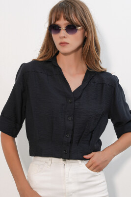 Kadın Crop Oversize Gömlek 20390 - Siyah - 3