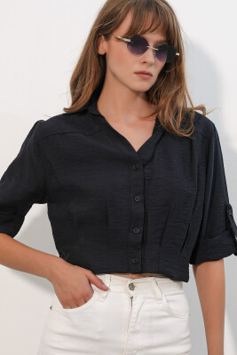 Kadın Crop Oversize Gömlek 20390 - Siyah - 4