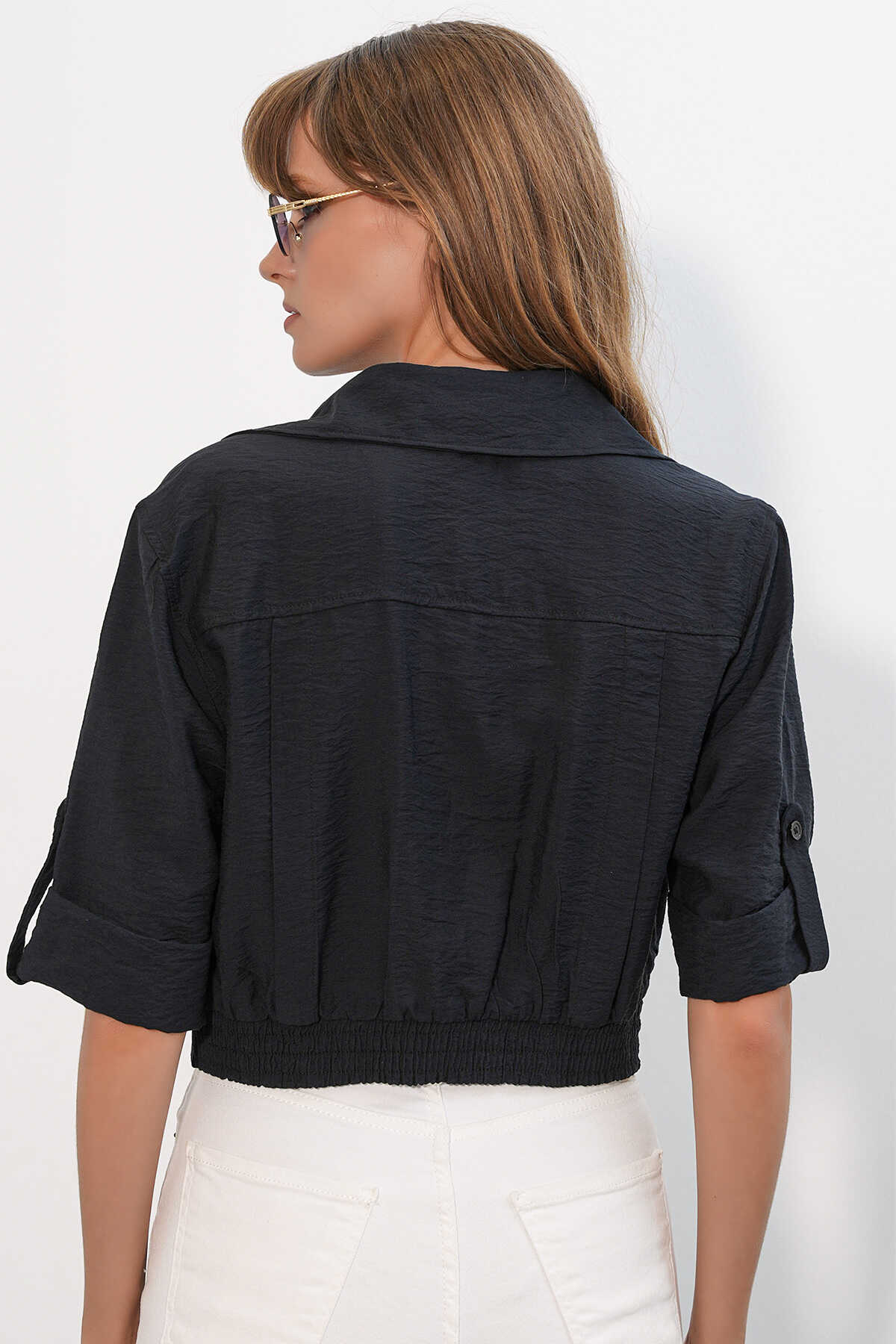 Kadın Crop Oversize Gömlek 20390 - Siyah - 6